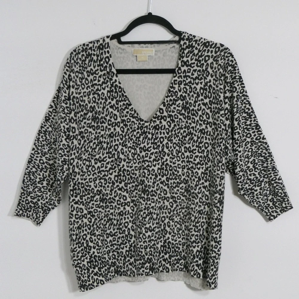 Michael Kors Women Silk Blend Top 1X Cream Brown Leopard Print Mob Wife Layering
